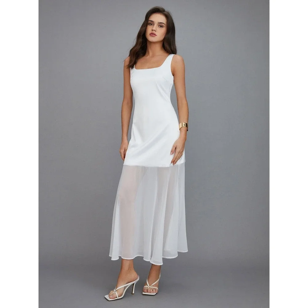 Commense White Maxi Dress Sheer Panel Sleeveless Party Cocktail Dress‎ size S